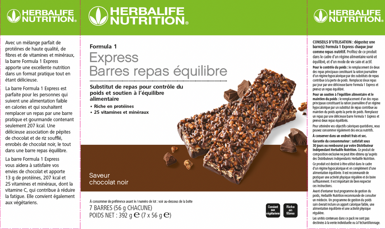 HERBALIFE - Barres Repas Équilibre Formula 1 Express Chocolat noir 7 barres de 56 g